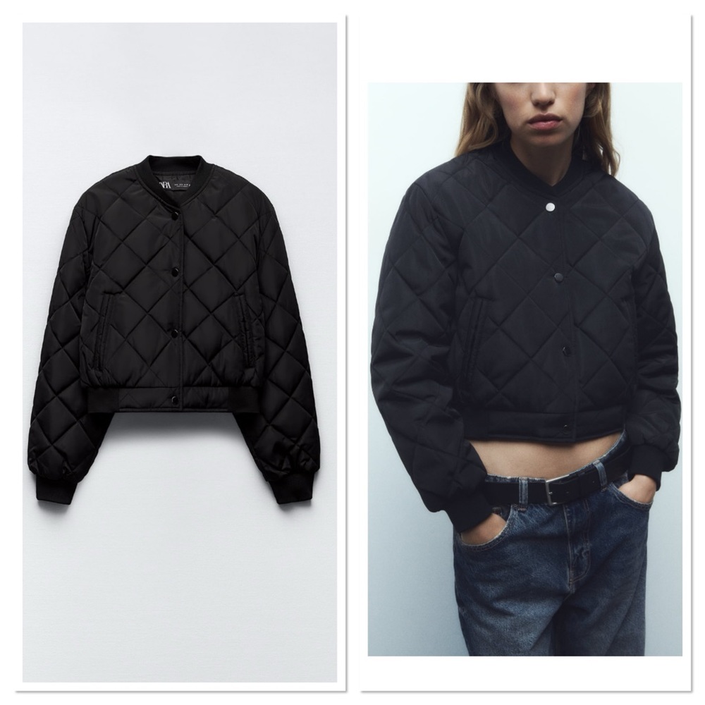Zara Quilted Round Collar Cropped Bomber Jacket In Black Sz:L